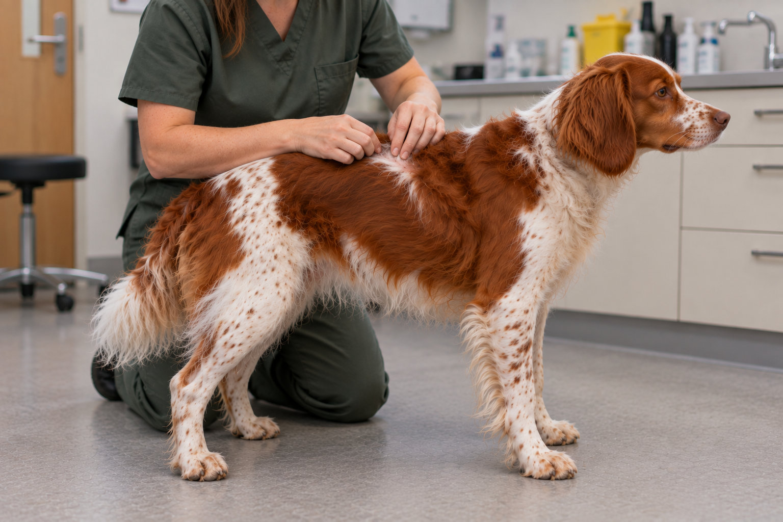 Veterinár kontroluje kožu psa pri podozrení na alergiu